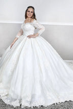 Robe de mariée princesse à manches longues bouffantes, en dentelle, col carré