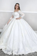 Robe de mariée princesse à manches longues bouffantes, en dentelle, col carré