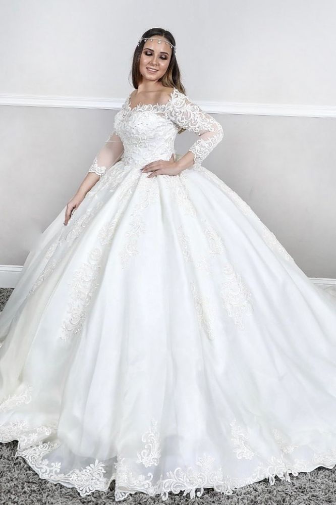 Robe de mariée princesse à manches longues bouffantes, en dentelle, col carré