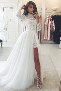 Long Sleeves Lace Wedding Dress With Tulle Removable Skirt Detachable Train