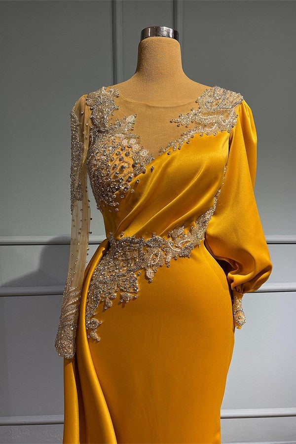 Vestidos de Baile Formais de Cetim com Mangas Compridas, Cauda de Sereia, Joia e Bordado Assimétrico