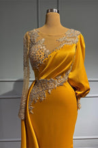 Vestidos de Baile Formais de Cetim com Mangas Compridas, Cauda de Sereia, Joia e Bordado Assimétrico
