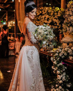 Robe de mariée en tulle à manches longues, style sirène, décolletée épaules nues avec dentelle appliquée