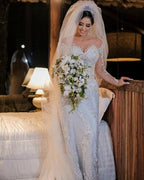 Robe de mariée en tulle à manches longues, style sirène, décolletée épaules nues avec dentelle appliquée