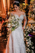 Robe de mariée en tulle à manches longues, style sirène, décolletée épaules nues avec dentelle appliquée