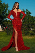 Long Sleeves Mermaid Sequins V-neck Prom Dress with Slit