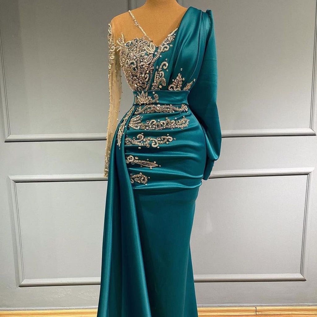 Robe de bal en satin à manches longues, col en V sirène avec drapé latéral