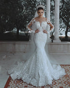 Long Sleeves Mermaid Wedding Dress With Lace Appliques Back Zipper Court Train