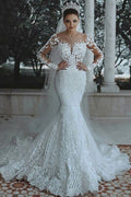 Long Sleeves Mermaid Wedding Dress With Lace Appliques Back Zipper Court Train