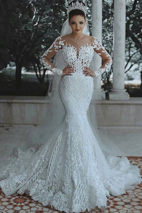 Long Sleeves Mermaid Wedding Dress With Lace Appliques Back Zipper Court Train