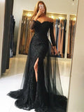 Robe de bal sirène en tulle et dentelle à manches longues décolletée avec fente