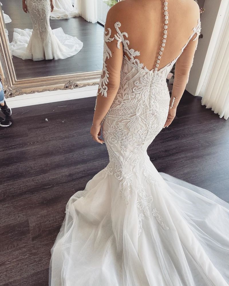 Vestido de Noiva Sereia com Renda, Decote em V e Mangas Compridas à Venda