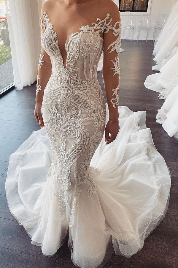 Vestido de Noiva Sereia com Renda, Decote em V e Mangas Compridas à Venda