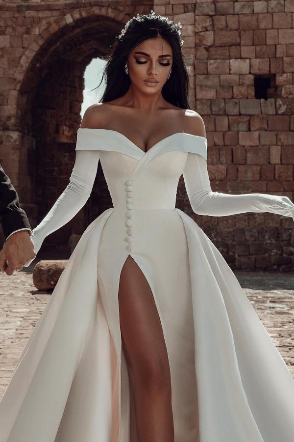 Off The Shoulder Satin Wedding Dress With Slit And Chapel Train