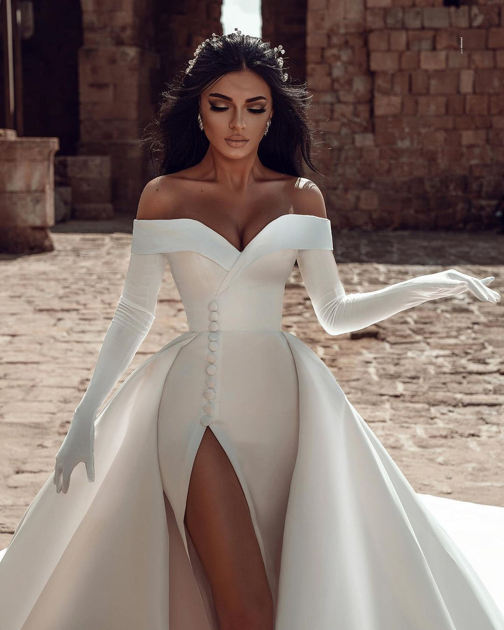 Off The Shoulder Satin Wedding Dress With Slit And Chapel Train