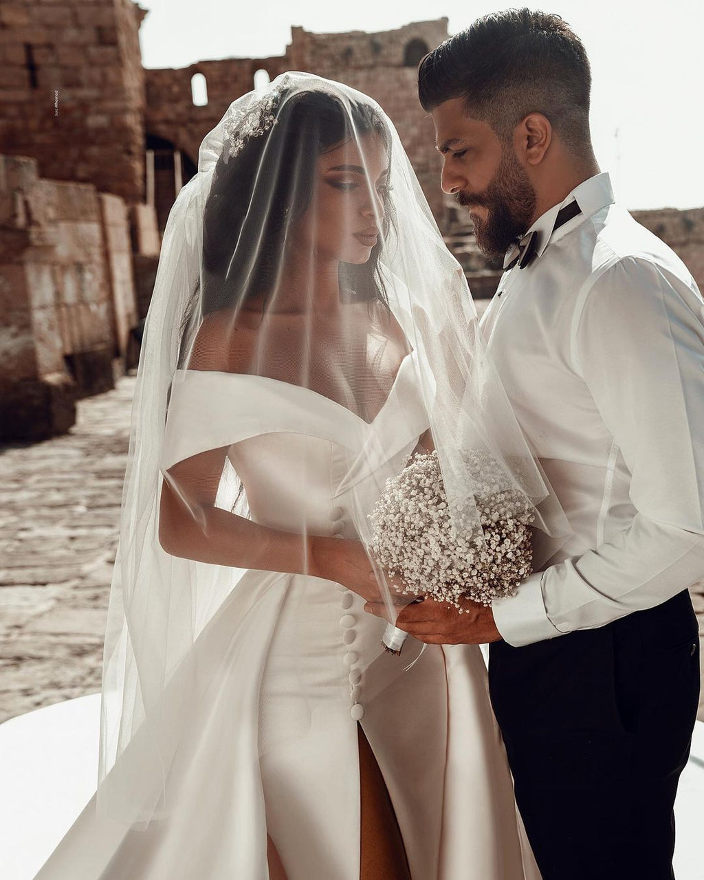 Off The Shoulder Satin Wedding Dress With Slit And Chapel Train