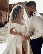 Off The Shoulder Satin Wedding Dress With Slit And Chapel Train