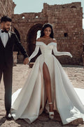 Off The Shoulder Satin Wedding Dress With Slit And Chapel Train