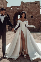 Off The Shoulder Satin Wedding Dress With Slit And Chapel Train
