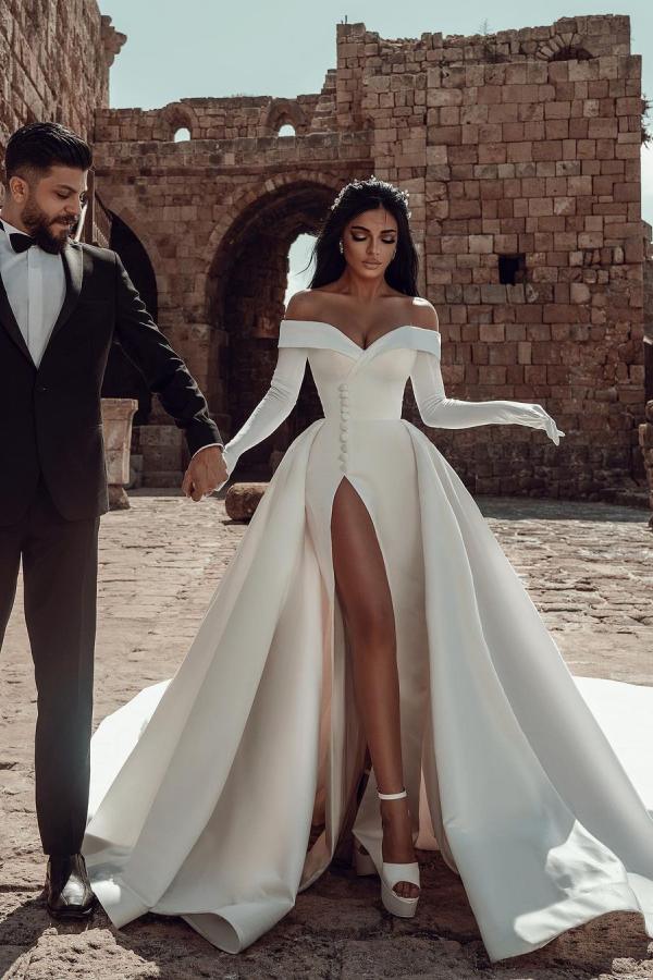 Off The Shoulder Satin Wedding Dress With Slit And Chapel Train