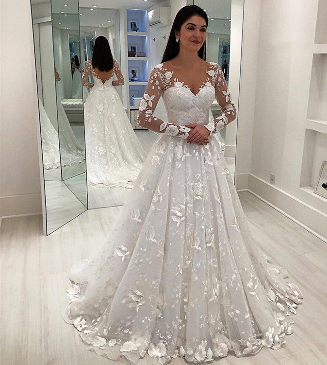 Vestido de noiva de mangas compridas com aplicações de renda vestidos de noiva princesa