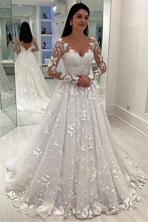 Vestido de noiva de mangas compridas com aplicações de renda vestidos de noiva princesa