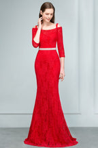 Long Spaghetti Off-shoulder Mermaid Lace Prom Dresses with Sleeves and Sash