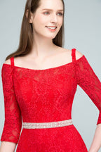 Long Spaghetti Off-shoulder Mermaid Lace Prom Dresses with Sleeves and Sash