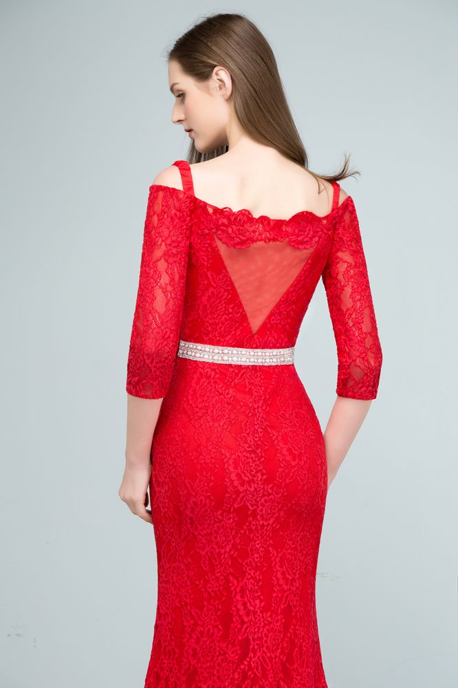Long Spaghetti Off-shoulder Mermaid Lace Prom Dresses with Sleeves and Sash
