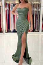 Long Sweetheart Stretch Satin Mermaid Prom Dresses with Slit