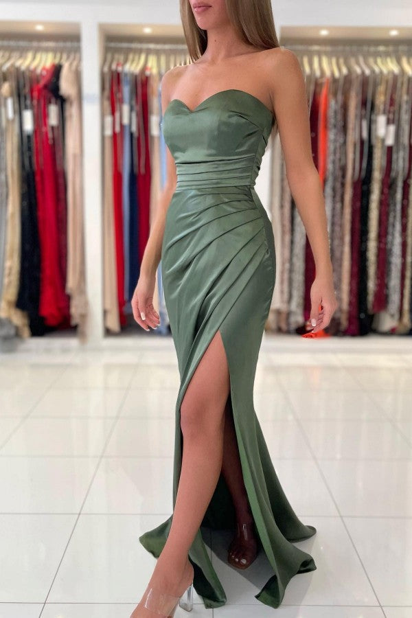 Vestidos de fiesta de sirena de satén elástico con escote corazón y abertura