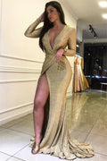 Vestido longo de baile com decote em V, lantejoulas e cauda de sereia, com mangas