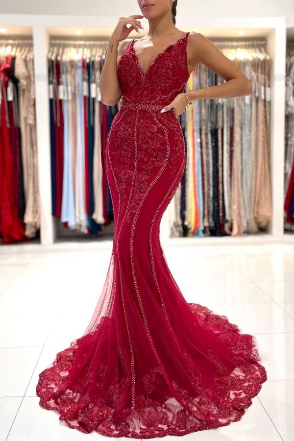 Robe de bal sirène longue en tulle avec col en V, dos ouvert et dentelle scintillante