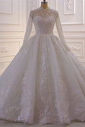 Luxuriöses A-Linien-Brautkleid mit hohem Halsausschnitt, Pailletten und langen Ärmeln