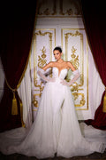 Vestido de Noiva Luxuoso Comprido Marfim com Decote em V, Cauda de Sereia, Sem Mangas, Bordado com Lantejoulas e Miçangas, com Cauda Destacável