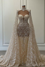 Vestido de Baile Luxuoso Comprido Cauda de Sereia com Gola Alta, Renda Brilhante e Mangas