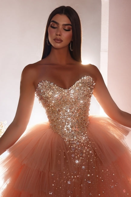 Lujoso vestido de fiesta largo rosa de corte A, princesa, de tul, sin mangas, con cuentas y perlas