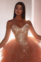 Lujoso vestido de fiesta largo rosa de corte A, princesa, de tul, sin mangas, con cuentas y perlas