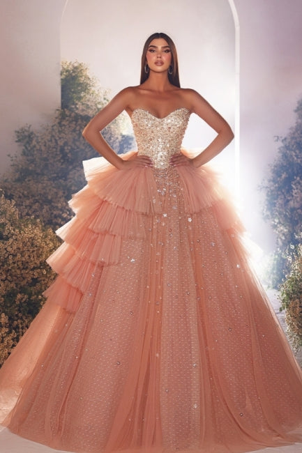 Lujoso vestido de fiesta largo rosa de corte A, princesa, de tul, sin mangas, con cuentas y perlas