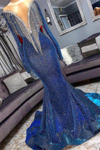 Robes de soirée longues luxueuses à décolleté transparent en forme de sirène avec sequins et manches
