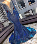 Robes de soirée longues luxueuses à décolleté transparent en forme de sirène avec sequins et manches