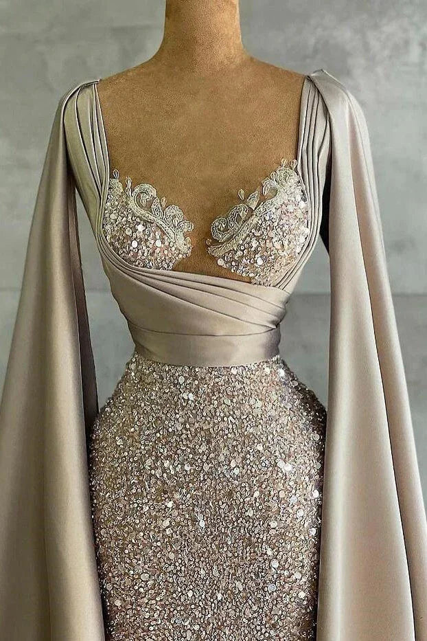 Vestido de Noite Elegante Longo de Sereia Luxuoso com Manga-Capa