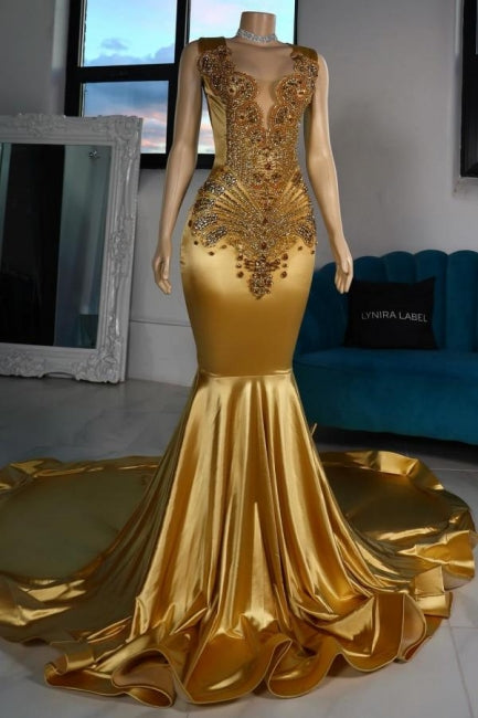 Abito da sera giallo lussuoso in raso a sirena, senza maniche, con scollo a V e perline