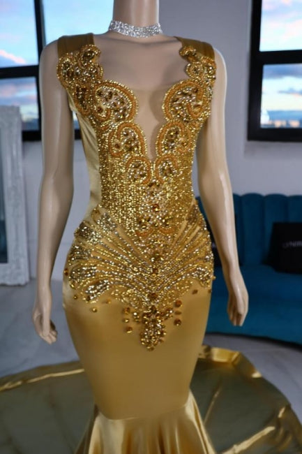 Abito da sera giallo lussuoso in raso a sirena, senza maniche, con scollo a V e perline