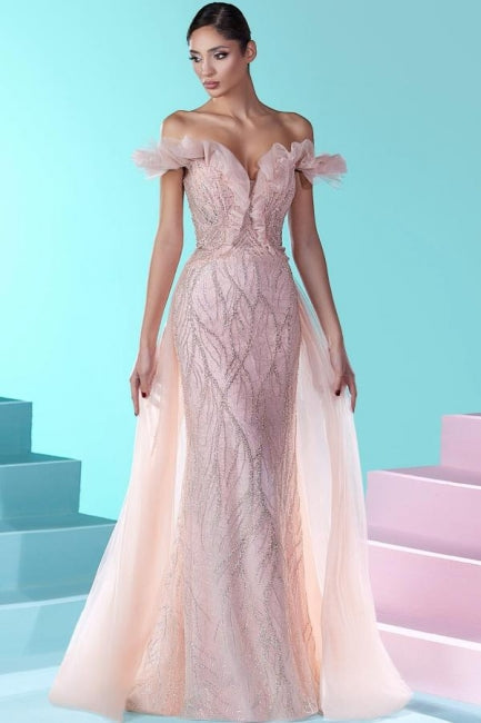 Robes de bal longues sirène en dentelle rose luxueuses à épaules dénudées avec paillettes