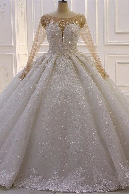 Vestido de Noiva Luxuoso Princesa em Linha A com Mangas Compridas, Flores e Renda