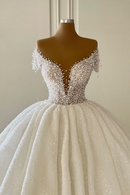 Vestidos de Noiva Luxuosos Princesa com Decote em V e Ombros Descobertos, Corte em A, com Brilho