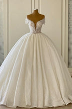Vestidos de Noiva Luxuosos Princesa com Decote em V e Ombros Descobertos, Corte em A, com Brilho