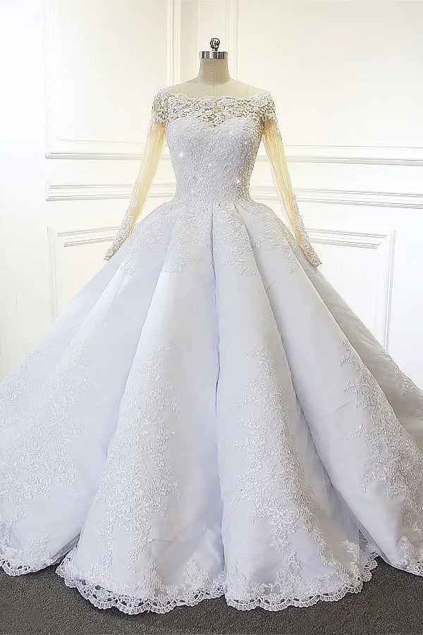 Robe de mariée blanche princesse luxueuse en ligne A à manches longues en dentelle