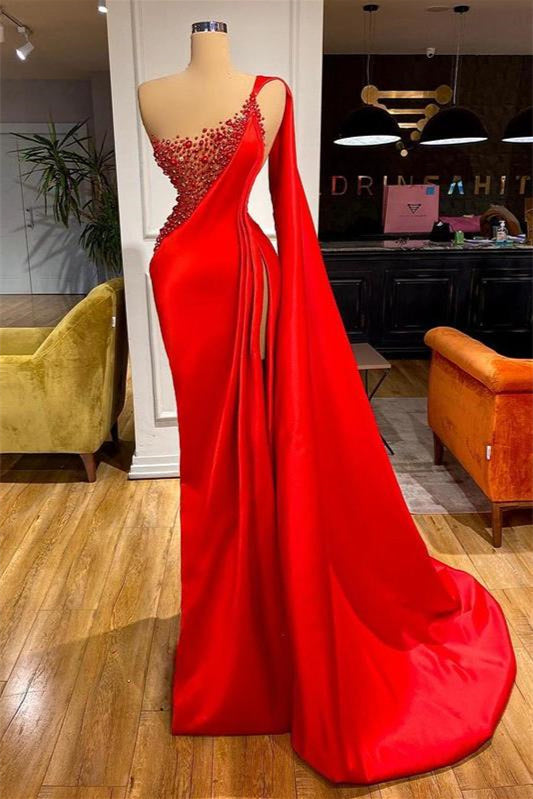 Robe de soirée sirène fendue rouge unique et somptueuse sans manches